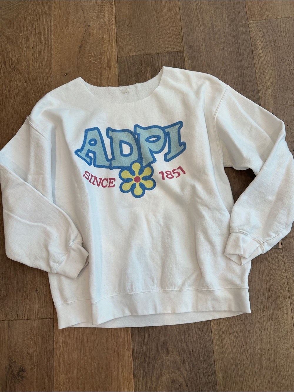 Alpha Delta Pi White Crewneck Sweatshirt with Blue Logo